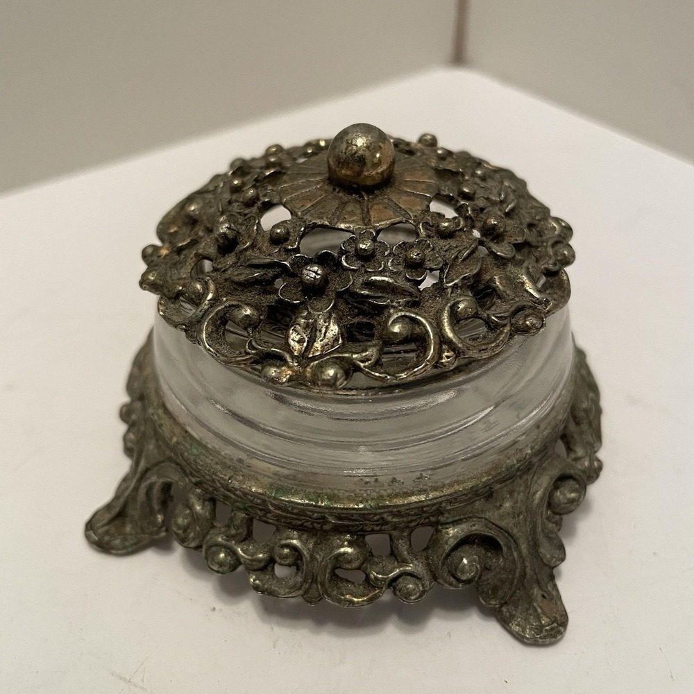Vintage Mementos Glass & Ornate Metal Trinket Dish Vanity Box Jar 3" X 2"